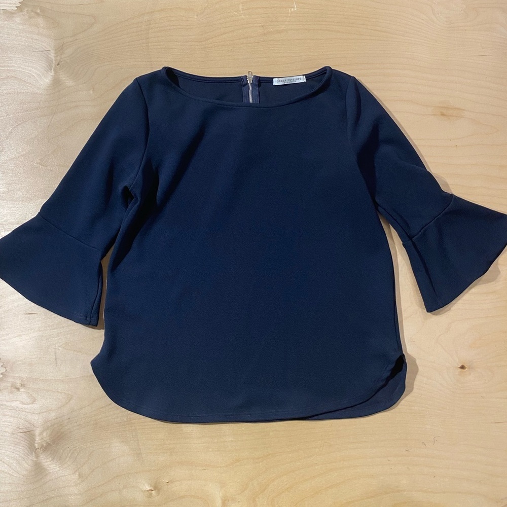 Green Envelope Navy Blouse with Bell Sleeves Medium (QL)